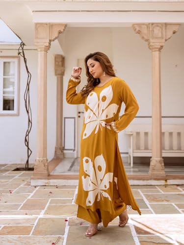 ishin Mustard placement printed kurta with solid palazzo