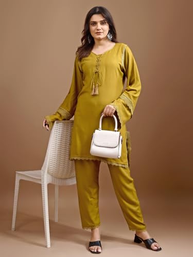 Womanista Women's Mustard colour rayon lace work tunic with trouser cord set(Co-ords_9092)