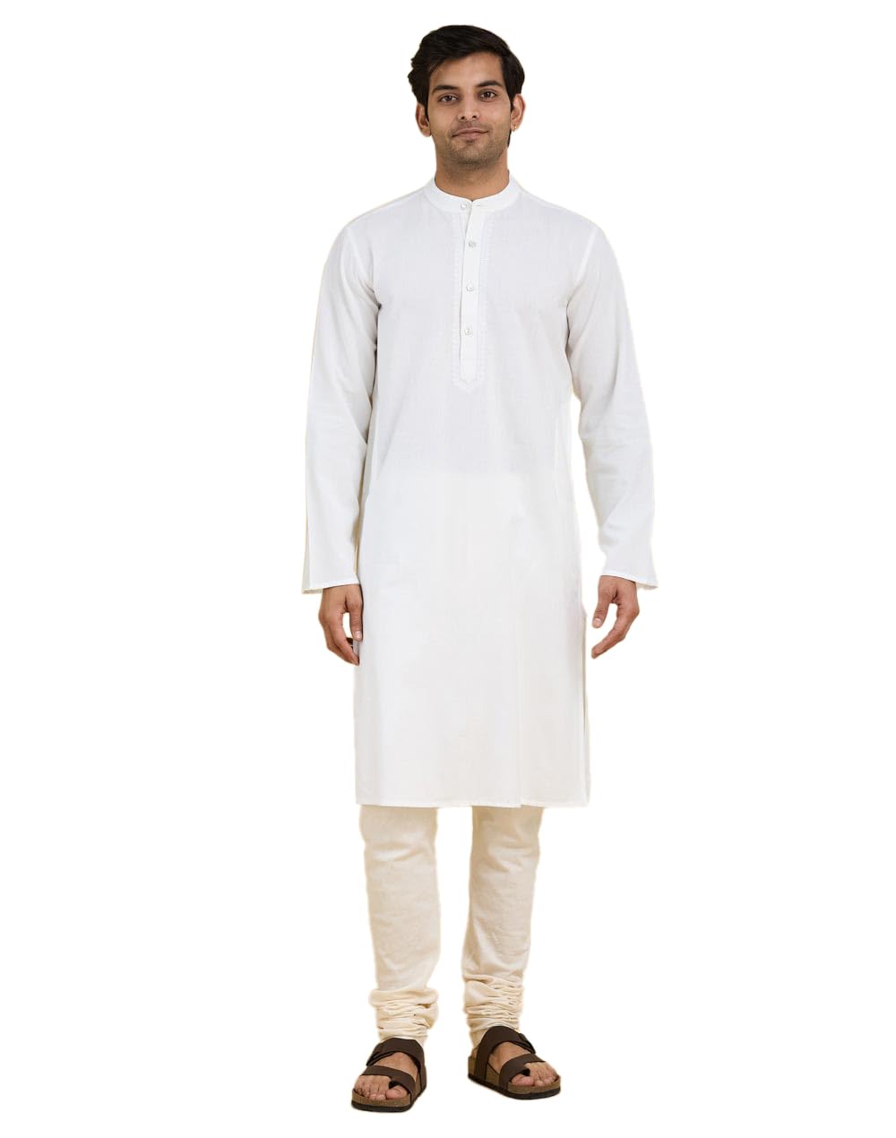 Fabindia Men's White Cotton Woven Slim Fit Long Kurta