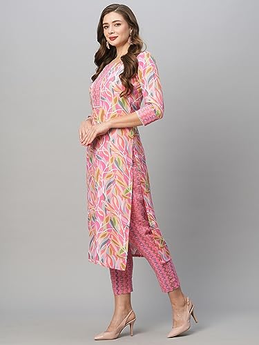 GoSriKi Womens Cotton Blend Floral Straight Kurta with Pant (Pahal-GS_Pink_S)
