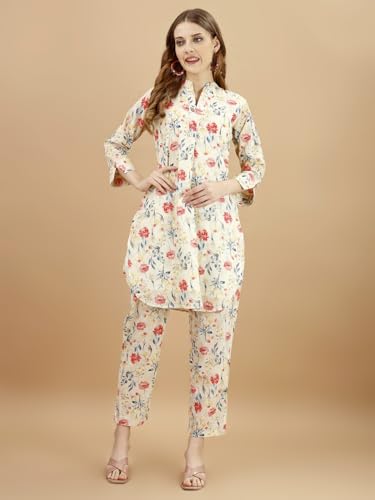 Womanista Women's Pure Cotton Floral Printed Tunic With Trouser Co-Ord Set (Co-Ords_9074)