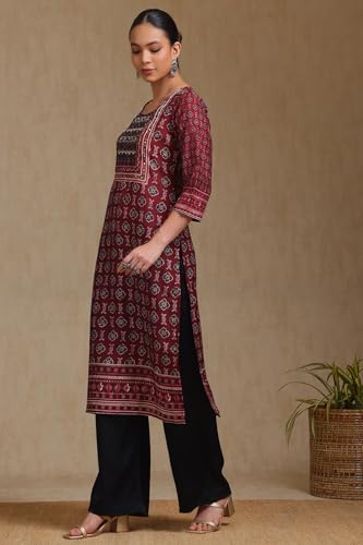 Soch WomenS Muslin Botanical Regular Kurta (Ews5Ku61253_Maroon