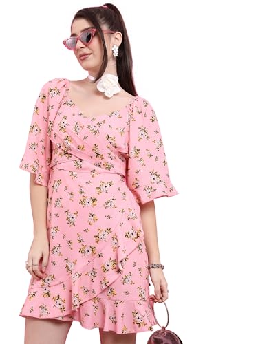 Ketch WomenS Cotton Blend Ruffle Hem Dress Above The Knee Khj6000490_Pink/White/Multi