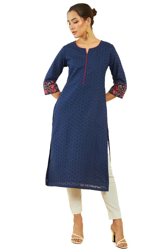 Soch Womens Navy Blue Cotton All-Over Thread Embroidered Straight Kurta