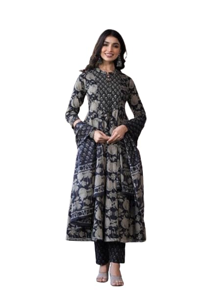 Varanga Women Black Mandarin Collar Embellished Yoke Three-Quarter Sleeves Paired With Printed Bottom And Dupatta