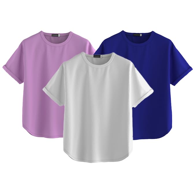 Juneberry Pure 100% Cotton Oversized Loose Baggy Fit Round Neck With Drop Shoulder White & Lilac & Royal Blue Half Sleeves Boyfr