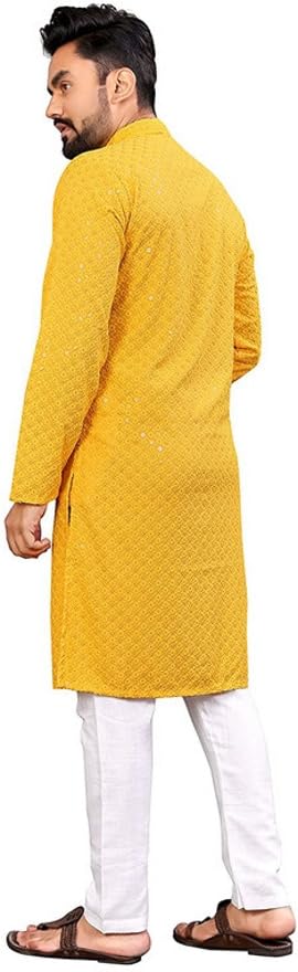 LookMark Present Mens Pure Rayon Chikankari Sequins Kurta||Mens Chikankari Yellow Coloured Kurta|| AZ-LM-OG-Kurta 11 Yellow-L