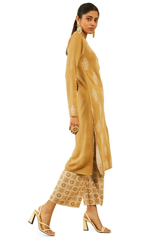 Soch Womens Beige Acrylic Leaf and Geometric Pattern Knitted Winter Kurta Set