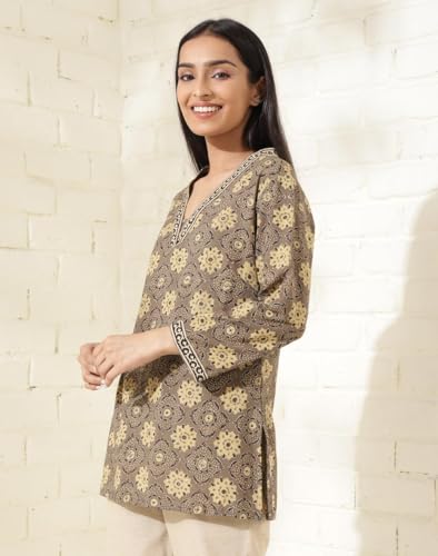 Fabindia WomenS Cotton Printed Slim Kurta (1037347Grey- Grey-Mustard