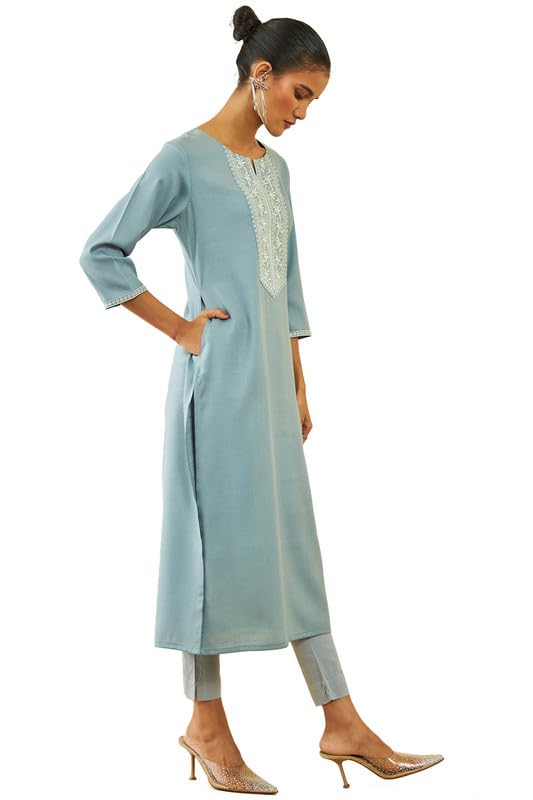 Soch Womens Pink Rayon Floral Embroidered Yoke Straight Kurta with Pocket