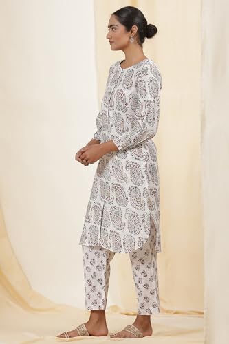 W for Woman Folksong White Printed Cotton Straight Kurta & Straight Pant