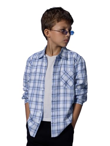 The Souled Store Plaid: Light Blue, White Young Boys Long Sleeves Collared Neck Button Front Regular Fit Cotton Shirts