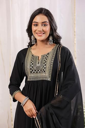 ishin Women's Black Yoke Design Zari Work A-Line Kurta with Trousers & Dupatta