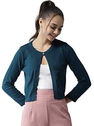Style Quotient Women Solid Teal Cotton Smart Casual Crop Shrug
