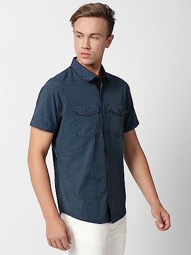 Thomas Scott Mens Checkered Slim Fit 100% Cotton Casual Shirt with Half Sleeve