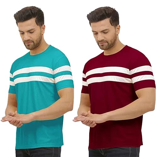 LookMark Mens Combo Cotton Blend Sky Blue & Maroon Color Printed Striped Polo Tshirt(MT04-MT09)