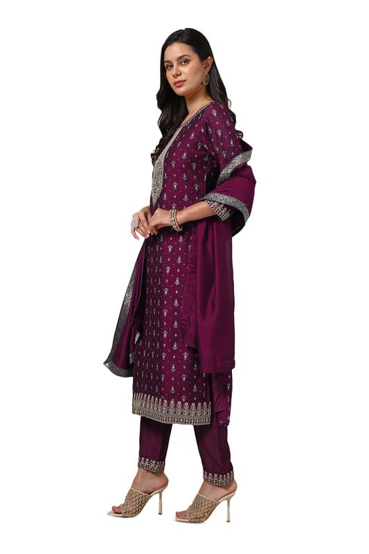Soch Womens Wine Viscose Blend Foil Print Suit Set With Thread Work
