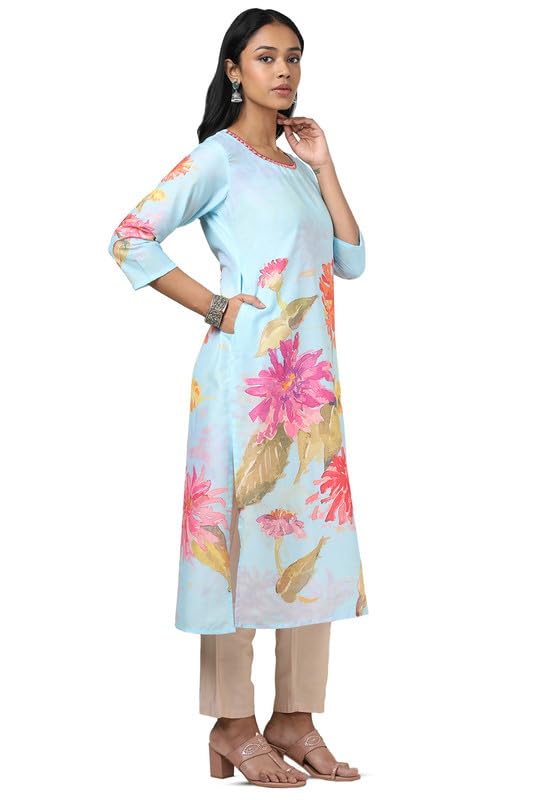 Soch Womens Powder Blue Muslin Floral Print Kurta with Mirror Work
