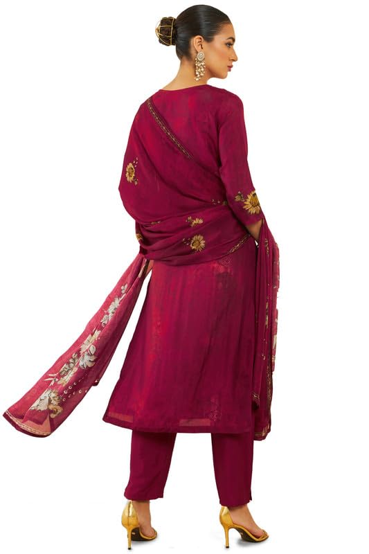 Soch Womens Maroon Silk Blend Suit Set with Floral Print and Hand Embroidery