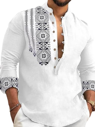 Deemoon MenS Cotton Blend Mandarin Collar Self One Design Full Sleeve Casual Short Kurta White