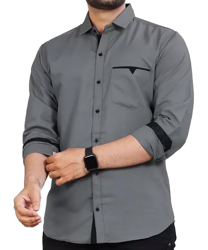 Tee Projekt Mens Regular Fit Solid Soft Touch Cotton Casual Shirt with Pocket Design with Spread Collar & Full Sleeves. Grey