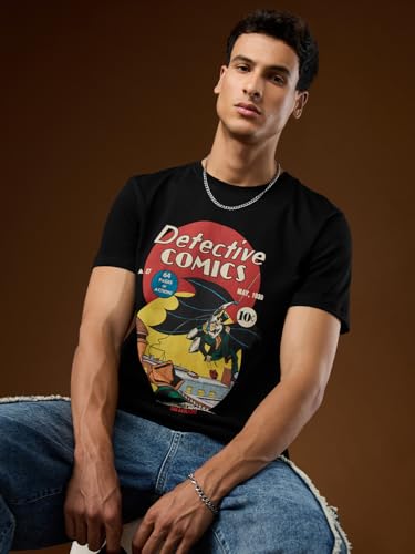 The Souled Store DC Comics: Detective Comics Men and Boys Short Sleeves Round Neck Black Graphic Printed Cotton Regular Fit Ligh