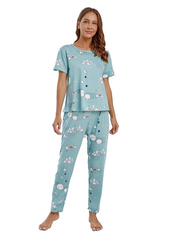 SMOWKLY Womens Cartoon Print Pyjama Set Round Neck Short Sleeve Top & Pajama | Soft Cotton Blend Night Suit, Nightwear & Lounge