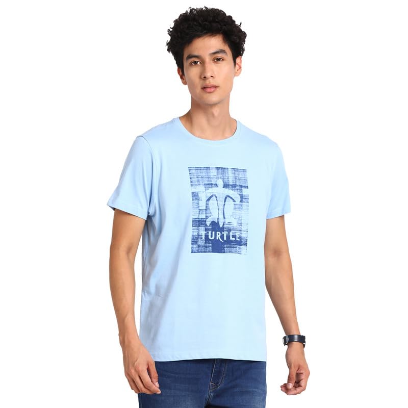Turtle Men Essential 100% Cotton Sky Blue Chest Printed Round Neck Half Sleeve Casual T-Shirt