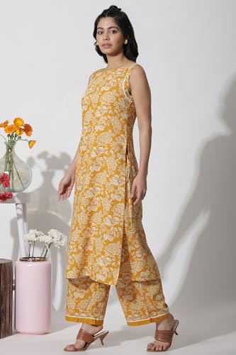 W for Woman W Women Yellow Floral Print Rayon Kurta Set With Flared Pant