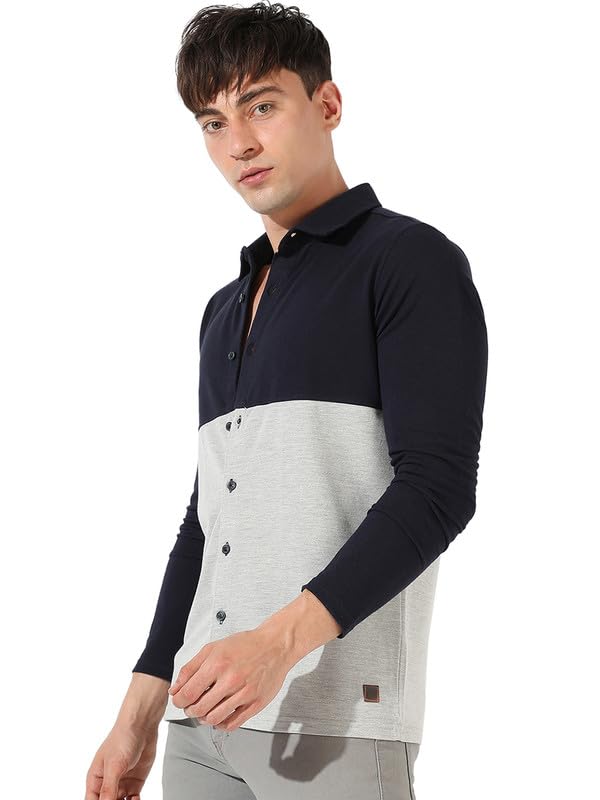 Campus Sutra Mens Navy Blue & Light Grey Contrast Panel Shirt for Casual Wear, Spread Collar, Long Sleeve, Button Closure, Cott