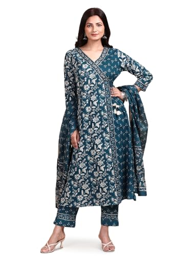 Ishin Indigo Floral Printed Angrakha Tie-Up Kurta With Pants And Printed Dupatta | Kurta Set For Women | Kurta With Trousers And