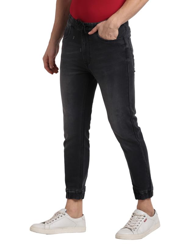 Turtle Men Cotton Stretch Solid Slim Fit Black Jogger Jeans