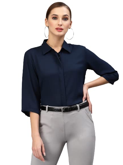 Style Quotient Women Solid Navy Polymoss Regular Formal Shirt