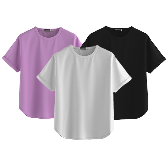 Juneberry Pure 100% Cotton Oversized Loose Baggy Fit Round Neck With Drop Shoulder White & Lilac & Black Half Sleeves Boyfriend