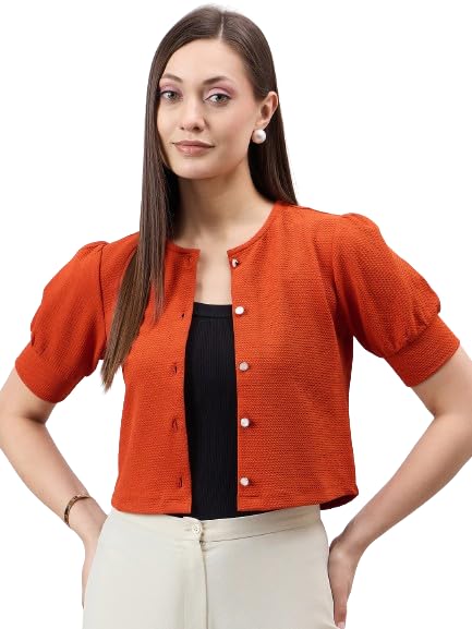 Style Quotient Women Solid Rust Polyknit Casual Open Front Shrug
