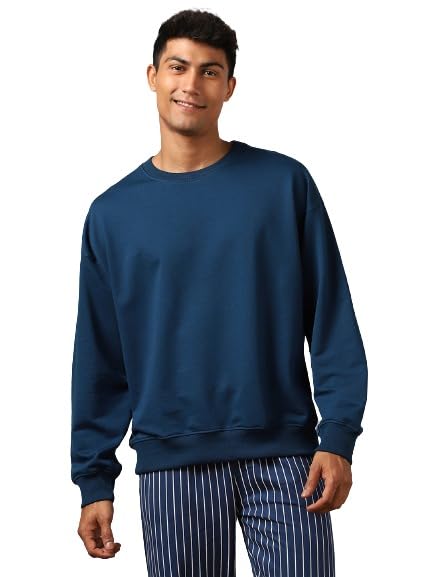 Nobero MenS Cotton Blend Crew Neck Sweatshirt (1M-Twss-R0005_Navy Blue