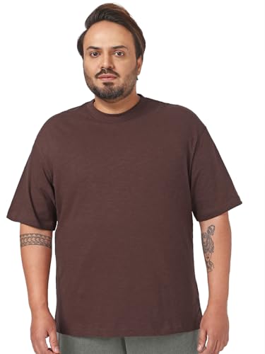 Bewakoof Air 1.0 MenS Solid Oversized Fit Half Sleeve Round Neck Slub Cotton Jersey Plus T-Shirt_646832_Brown_5Xl