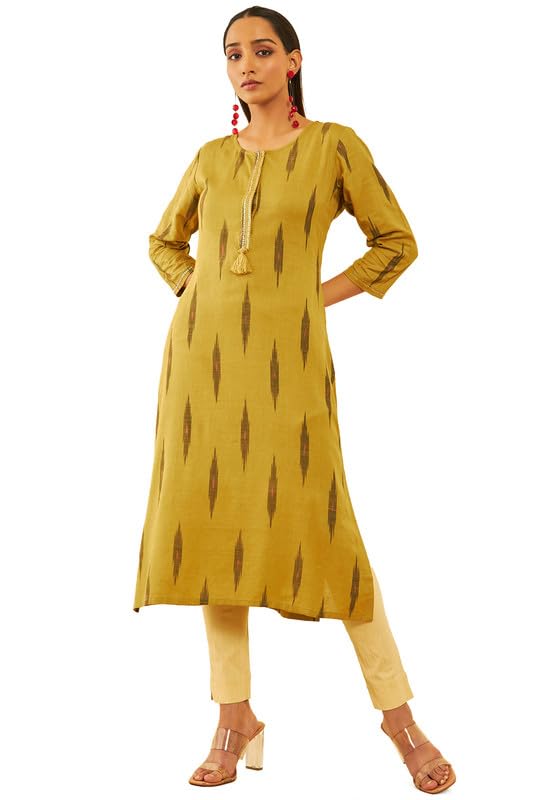 Soch Womens Olive Cotton Ikat Printed Straight Kurta With Sequins
