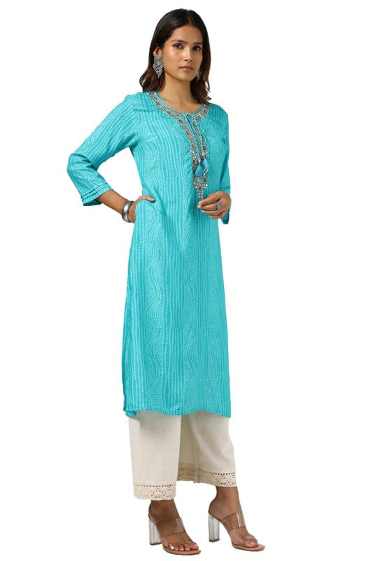 Soch Womens Turquoise Blue Viscose Muslin Bandhani Print Kurta with Sequins