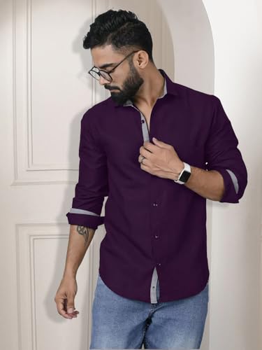 Pinkmint Shirt for Men Cotton Spread Collar Button Down Long Sleeve Shirt Home, Regular, Home (Pack of 1) Purple