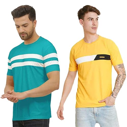 LookMark Mens Combo Cotton Blend Sky Blue & Yellow Color Printed Striped Polo Tshirt(MT04-MT02)