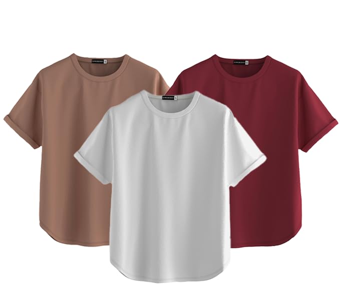 Juneberry Pure 100% Cotton Oversized Loose Baggy Fit Round Neck With Drop Shoulder White & Maroon & Cork Half Sleeves Boyfriend