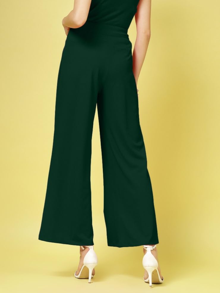 Womens Wide Leg Pants | Solid Green Stretchable Polyester Trousers | Stylish Korean Clothing | Flared, Straight Fit, Baggy, and