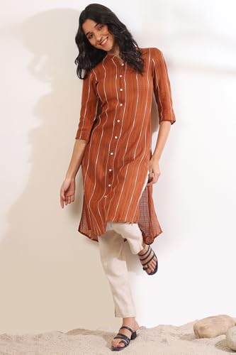 Aurelia Women's Orange Yarn Dyed Cotton Blend Straight Kurta