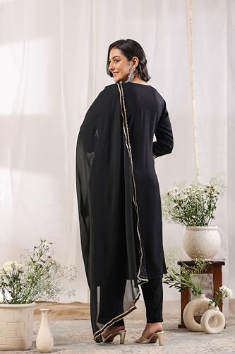ishin Women's Black Yoke Design Zari Work A-Line Kurta with Trousers & Dupatta