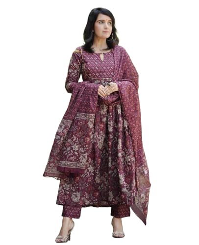 Alvami Women Anarkali Kurta and Pant Set with Dupatta (M) Maroon