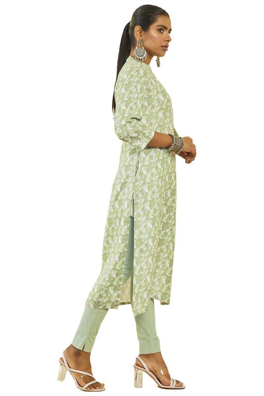 Soch Womens Green Poly Cotton Leaf Print Straight Kurta with Pocket