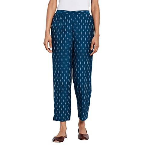 Fabindia Women Ikat Tapered Casual Pant Cotton_S Teal
