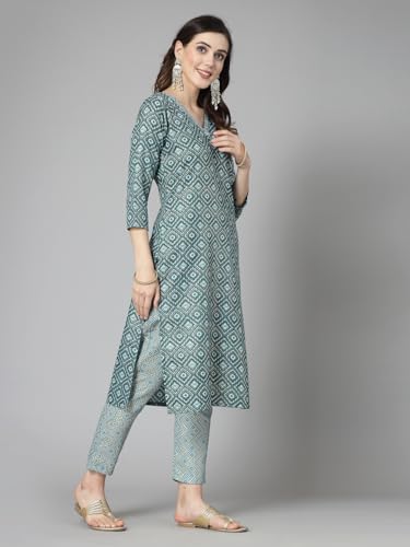 Stylum Women's Printed Cotton Blend Straight Kurta Pant Set (KPTINNYRAMA_Sea Green)