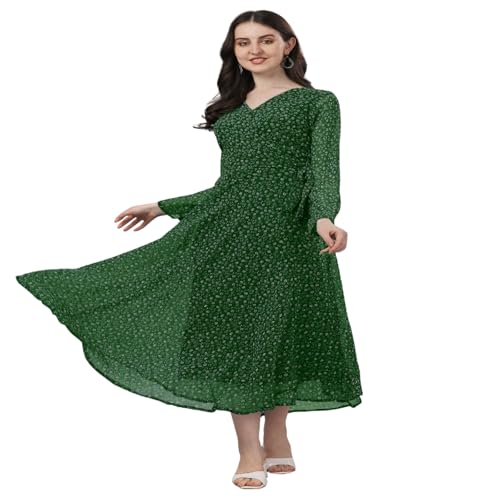 Trillmixa Georgette Floral Printed Full Sleeve V Neck Maxi-Length Fit & Flare Long Dress For WomenS (T-Mansi) Green